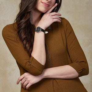 Solid Sequin Embellished Straight Fit Kurta - Khaki