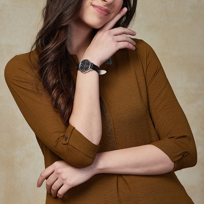 Solid Sequin Embellished Straight Fit Kurta - Khaki