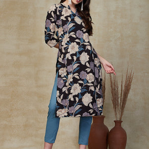 Floral Printed Sequins Embroidered Angrakha Style Kurta with Pants - Black & Multi