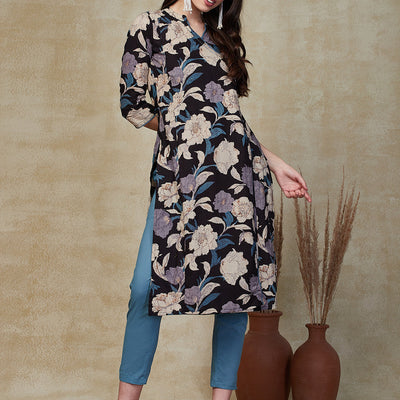 Floral Printed Sequins Embroidered Angrakha Style Kurta with Pants - Black & Multi