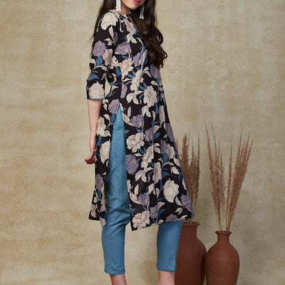 Floral Printed Sequins Embroidered Angrakha Style Kurta with Pants - Black & Multi