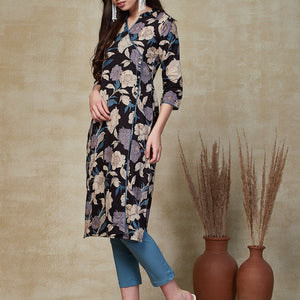 Floral Printed Sequins Embroidered Angrakha Style Kurta with Pants - Black & Multi