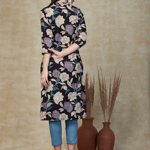 Floral Printed Sequins Embroidered Angrakha Style Kurta with Pants - Black & Multi