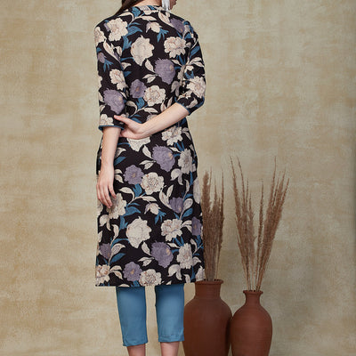 Floral Printed Sequins Embroidered Angrakha Style Kurta with Pants - Black & Multi