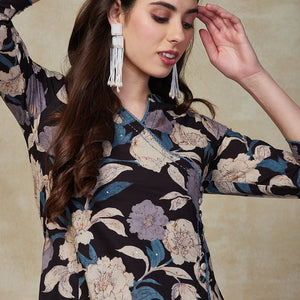 Floral Printed Sequins Embroidered Angrakha Style Kurta with Pants - Black & Multi