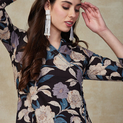 Floral Printed Sequins Embroidered Angrakha Style Kurta with Pants - Black & Multi