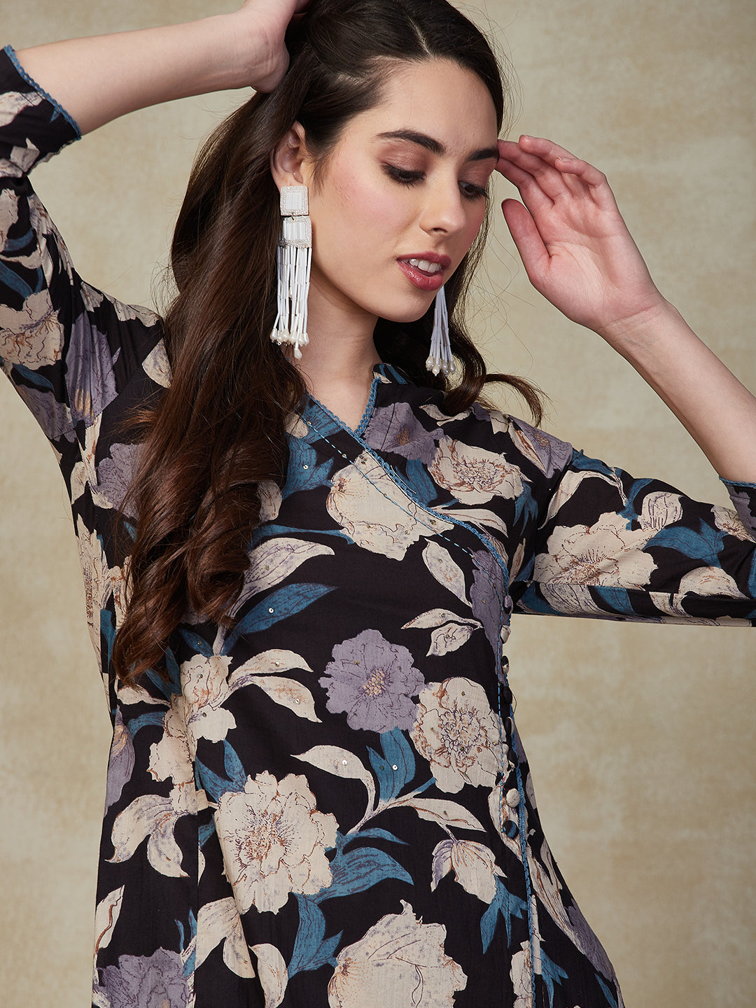 Floral Printed Sequins Embroidered Angrakha Style Kurta with Pants - Black & Multi