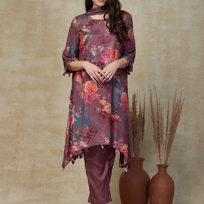 Abstract Floral Printed & Embroidered A-Line Kurta with Pant & Dupatta - Lavender