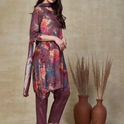 Abstract Floral Printed & Embroidered A-Line Kurta with Pant & Dupatta - Lavender