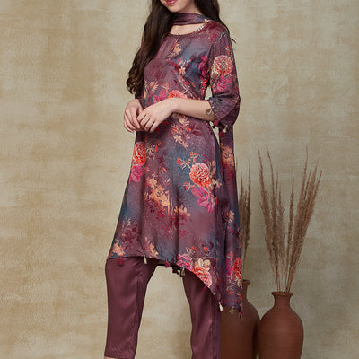 Abstract Floral Printed & Embroidered A-Line Kurta with Pant & Dupatta - Lavender