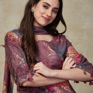 Abstract Floral Printed & Embroidered A-Line Kurta with Pant & Dupatta - Lavender