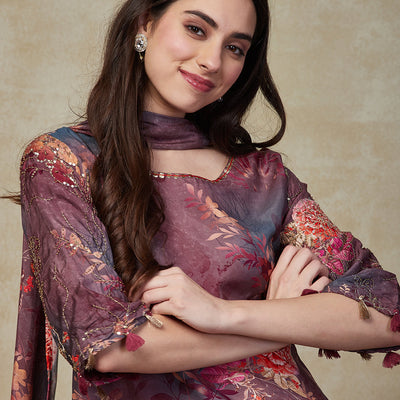 Abstract Floral Printed & Embroidered A-Line Kurta with Pant & Dupatta - Lavender