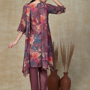 Abstract Floral Printed & Embroidered A-Line Kurta with Pant & Dupatta - Lavender