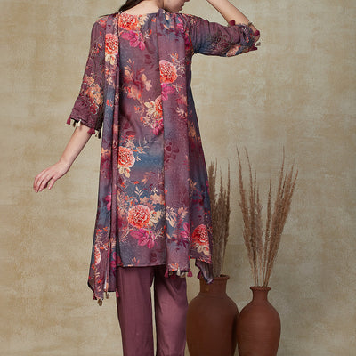 Abstract Floral Printed & Embroidered A-Line Kurta with Pant & Dupatta - Lavender