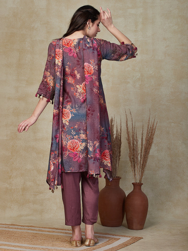 Abstract Floral Printed & Embroidered A-Line Kurta with Pant & Dupatta - Lavender