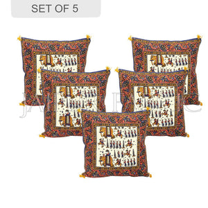 Cream Base Orange Border Rajasthani Barat Print Cotton Cushion cover