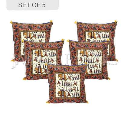 Cream Base Orange Border Rajasthani Barat Print Cotton Cushion cover