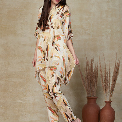 Abstract Printed Beads Embellished Kaftan with Pants Indo-Western Co-ord Set - Cream