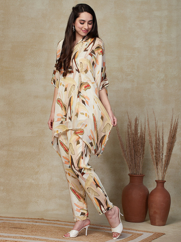 Abstract Printed Beads Embellished Kaftan with Pants Indo-Western Co-ord Set - Cream