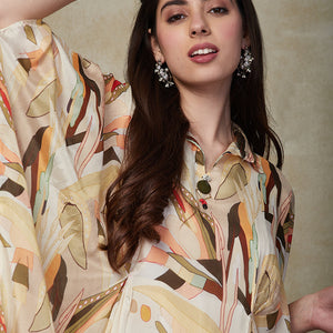 Abstract Printed Beads Embellished Kaftan with Pants Indo-Western Co-ord Set - Cream