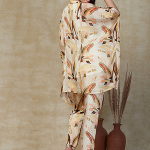Abstract Printed Beads Embellished Kaftan with Pants Indo-Western Co-ord Set - Cream