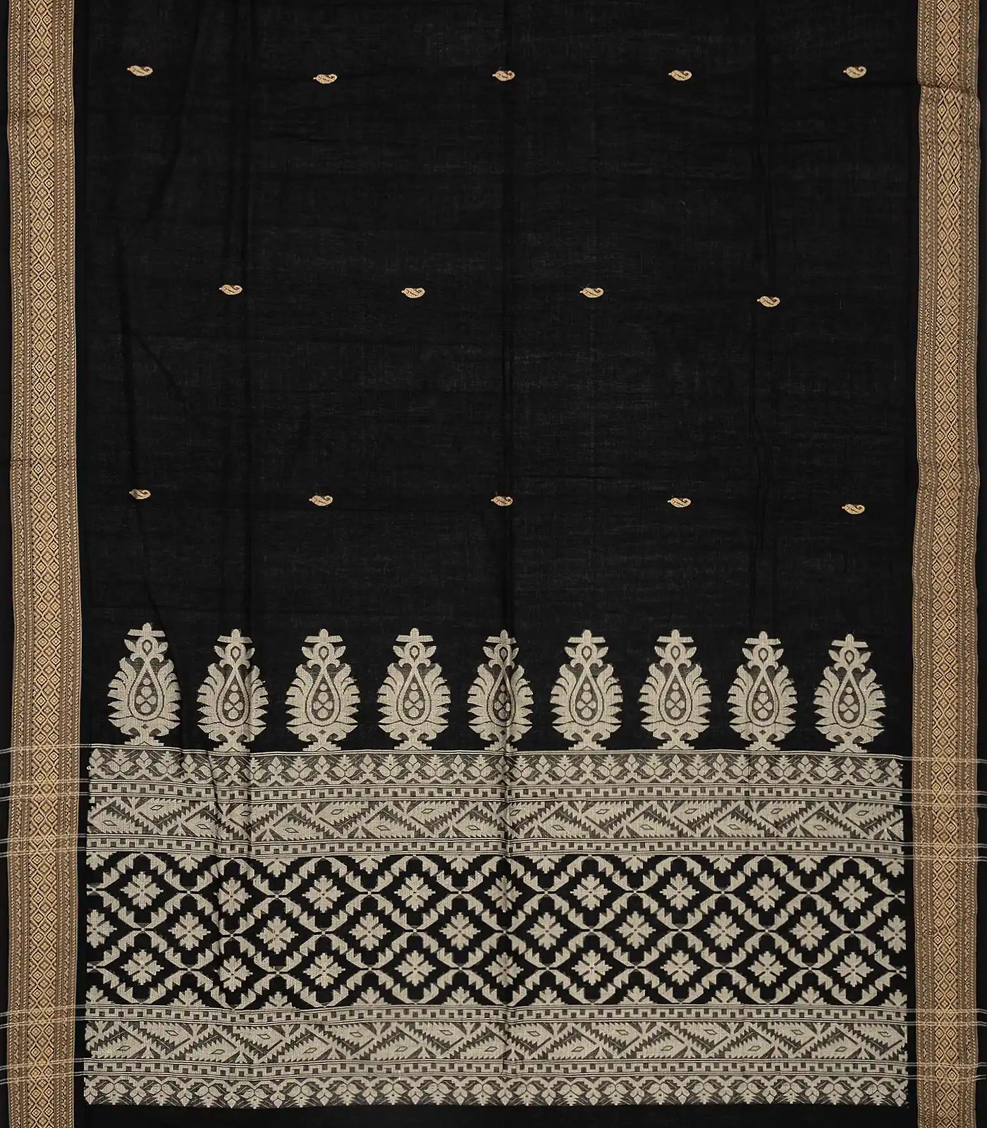 Black Handloom Bengal Cotton Saree With Mango Buttas