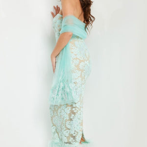 Jovani 24256 Tea Length Beaded Lace Evening Formal Dress