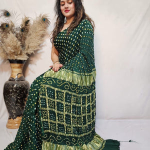 Modal Silk Barik Bandhej work Lagdi Patta Border Chex Bandhani Saree