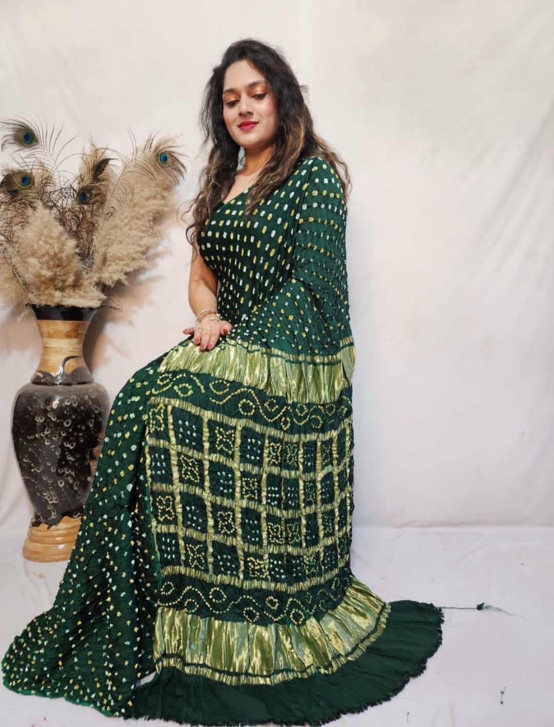 Modal Silk Barik Bandhej work Lagdi Patta Border Chex Bandhani Saree