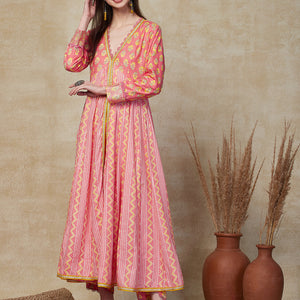 Ethnic Stripes & Floral Printed Anarkali Kurta with Pant - Pink