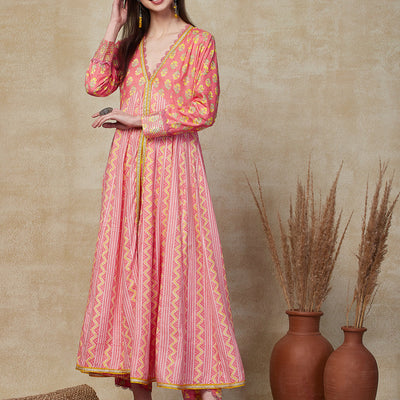 Ethnic Stripes & Floral Printed Anarkali Kurta with Pant - Pink