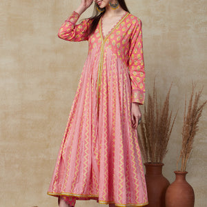Ethnic Stripes & Floral Printed Anarkali Kurta with Pant - Pink