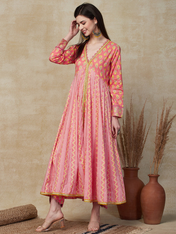 Ethnic Stripes & Floral Printed Anarkali Kurta with Pant - Pink