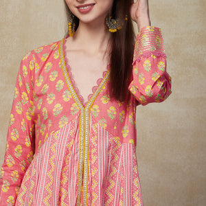 Ethnic Stripes & Floral Printed Anarkali Kurta with Pant - Pink