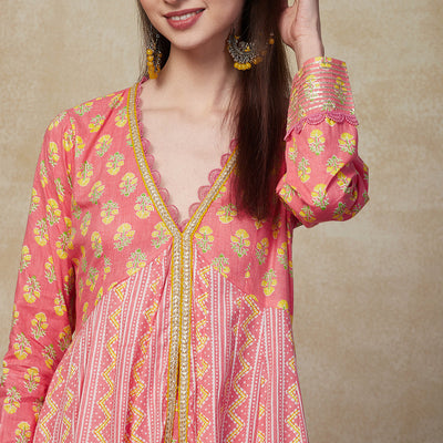 Ethnic Stripes & Floral Printed Anarkali Kurta with Pant - Pink
