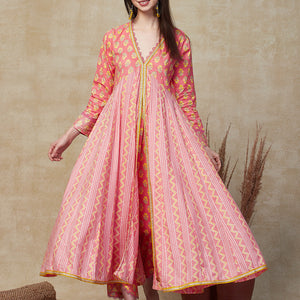 Ethnic Stripes & Floral Printed Anarkali Kurta with Pant - Pink