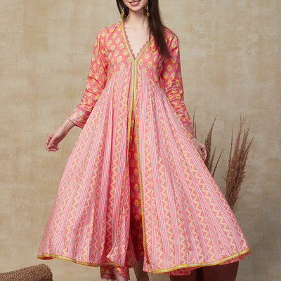 Ethnic Stripes & Floral Printed Anarkali Kurta with Pant - Pink