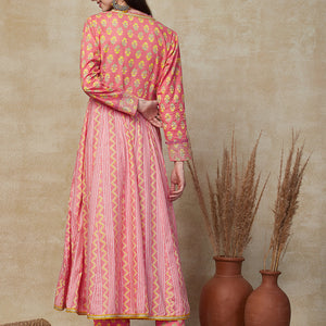 Ethnic Stripes & Floral Printed Anarkali Kurta with Pant - Pink