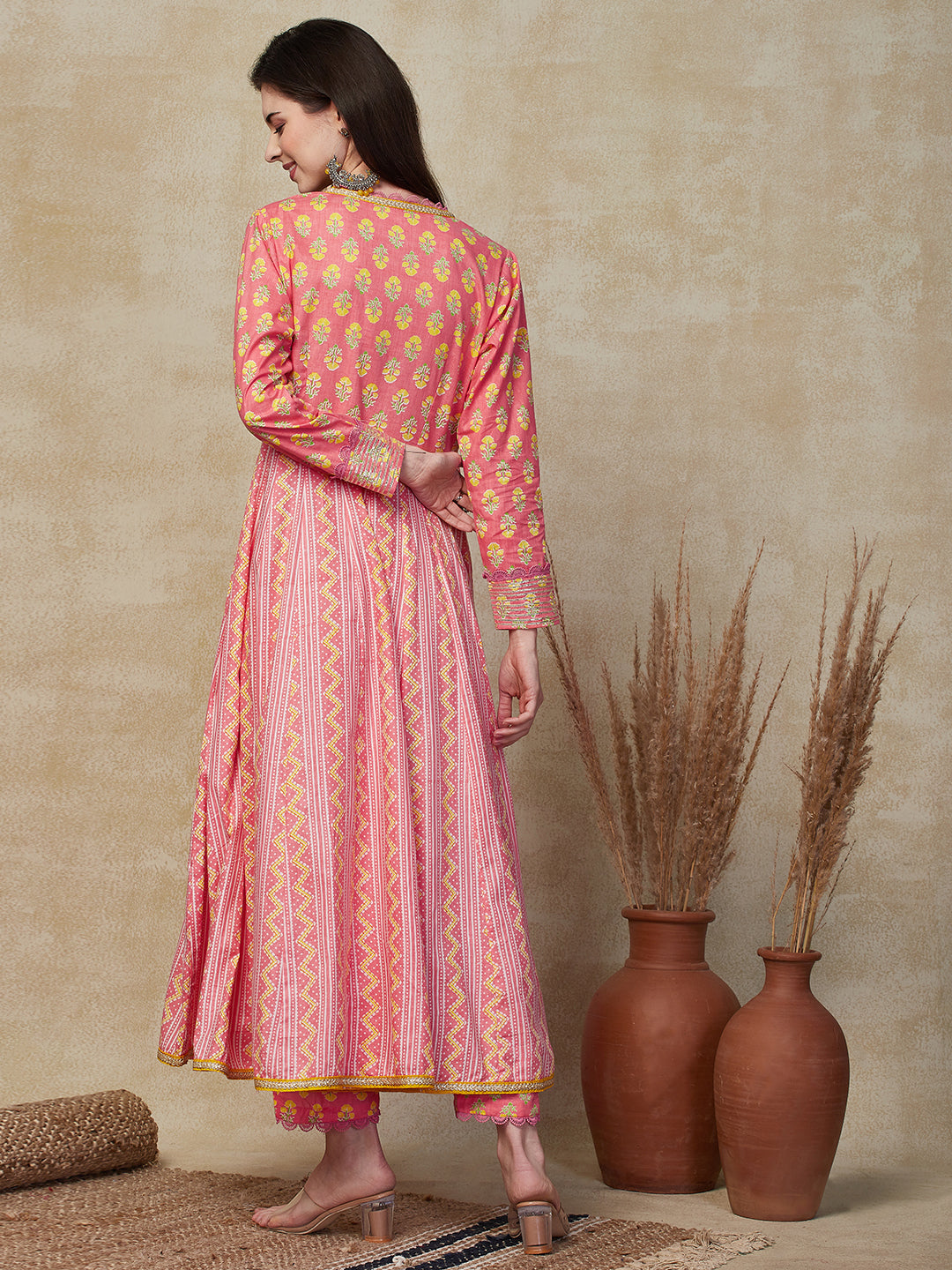 Ethnic Stripes & Floral Printed Anarkali Kurta with Pant - Pink