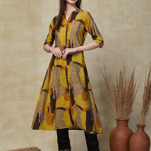 Abstract Geometric Foil Printed A-Line Kurta - Mustard