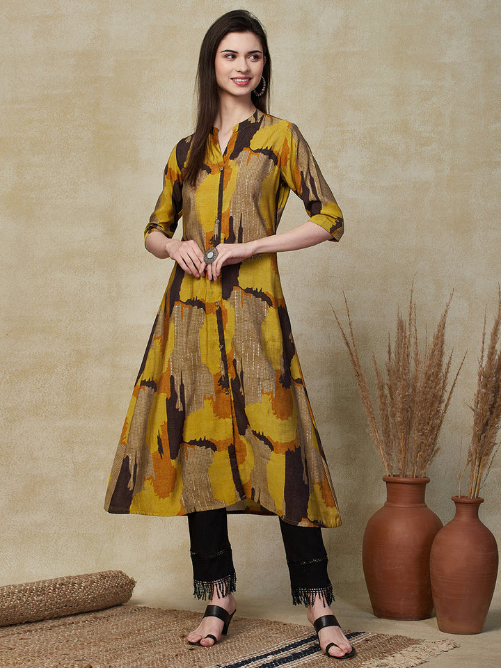 Abstract Geometric Foil Printed A-Line Kurta - Mustard