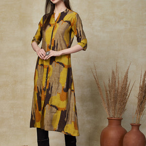 Abstract Geometric Foil Printed A-Line Kurta - Mustard