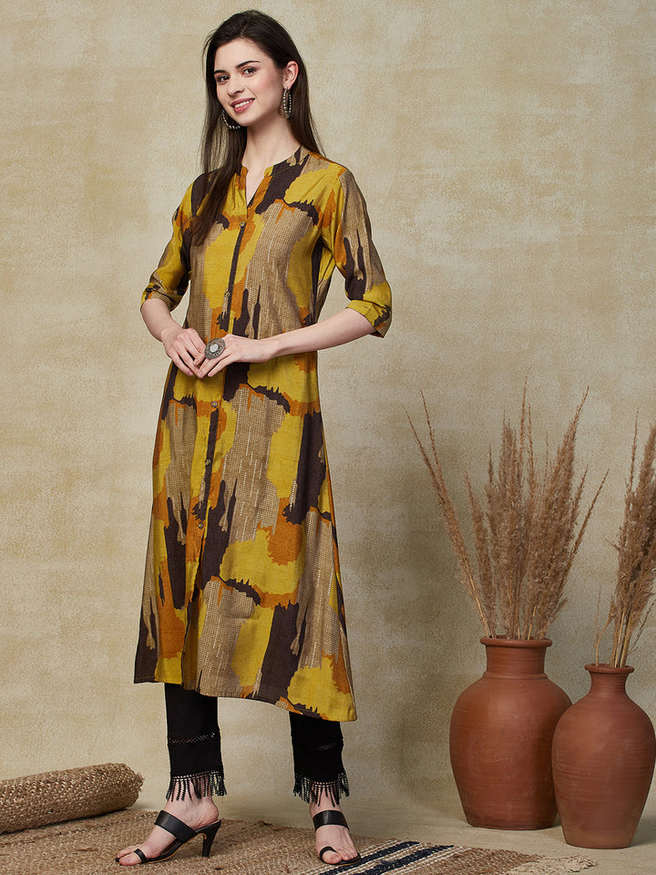 Abstract Geometric Foil Printed A-Line Kurta - Mustard