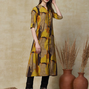 Abstract Geometric Foil Printed A-Line Kurta - Mustard