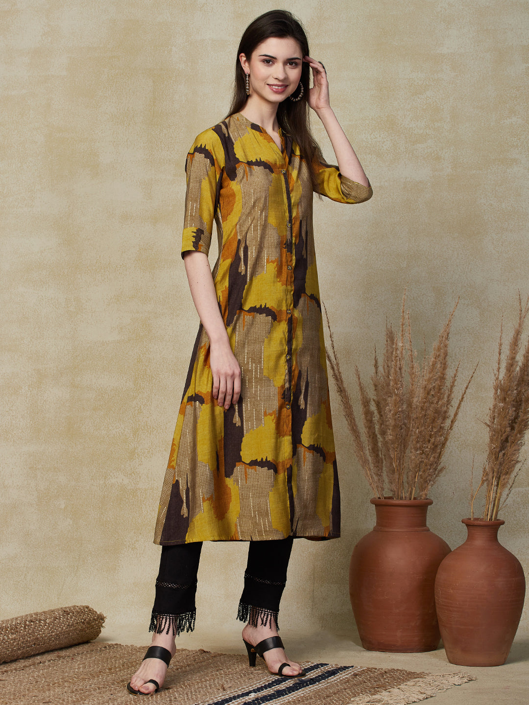 Abstract Geometric Foil Printed A-Line Kurta - Mustard