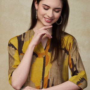 Abstract Geometric Foil Printed A-Line Kurta - Mustard