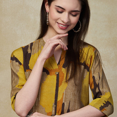 Abstract Geometric Foil Printed A-Line Kurta - Mustard