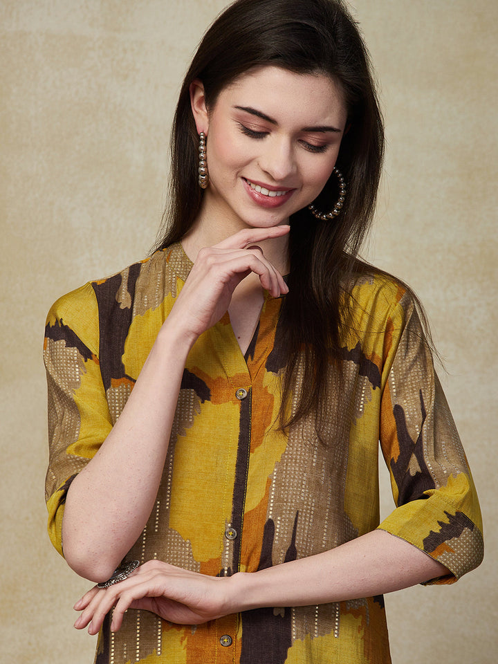 Abstract Geometric Foil Printed A-Line Kurta - Mustard