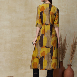 Abstract Geometric Foil Printed A-Line Kurta - Mustard