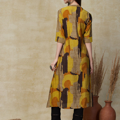 Abstract Geometric Foil Printed A-Line Kurta - Mustard